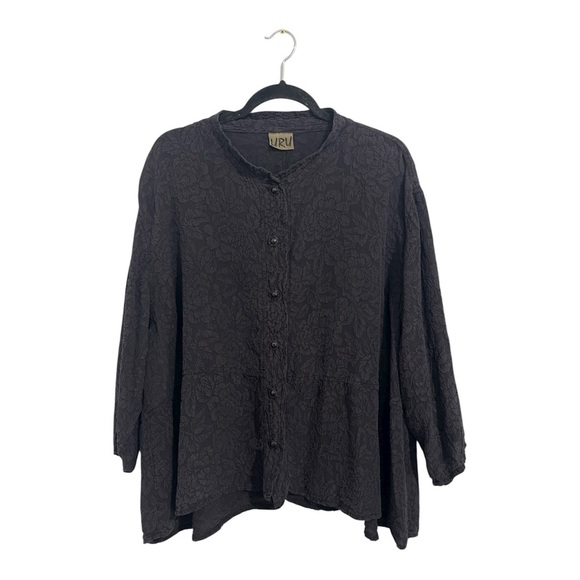 URU Venice Top Women’s Size 3 Black Textured Silk Floral Jacquard Lagenlook - Picture 1 of 13